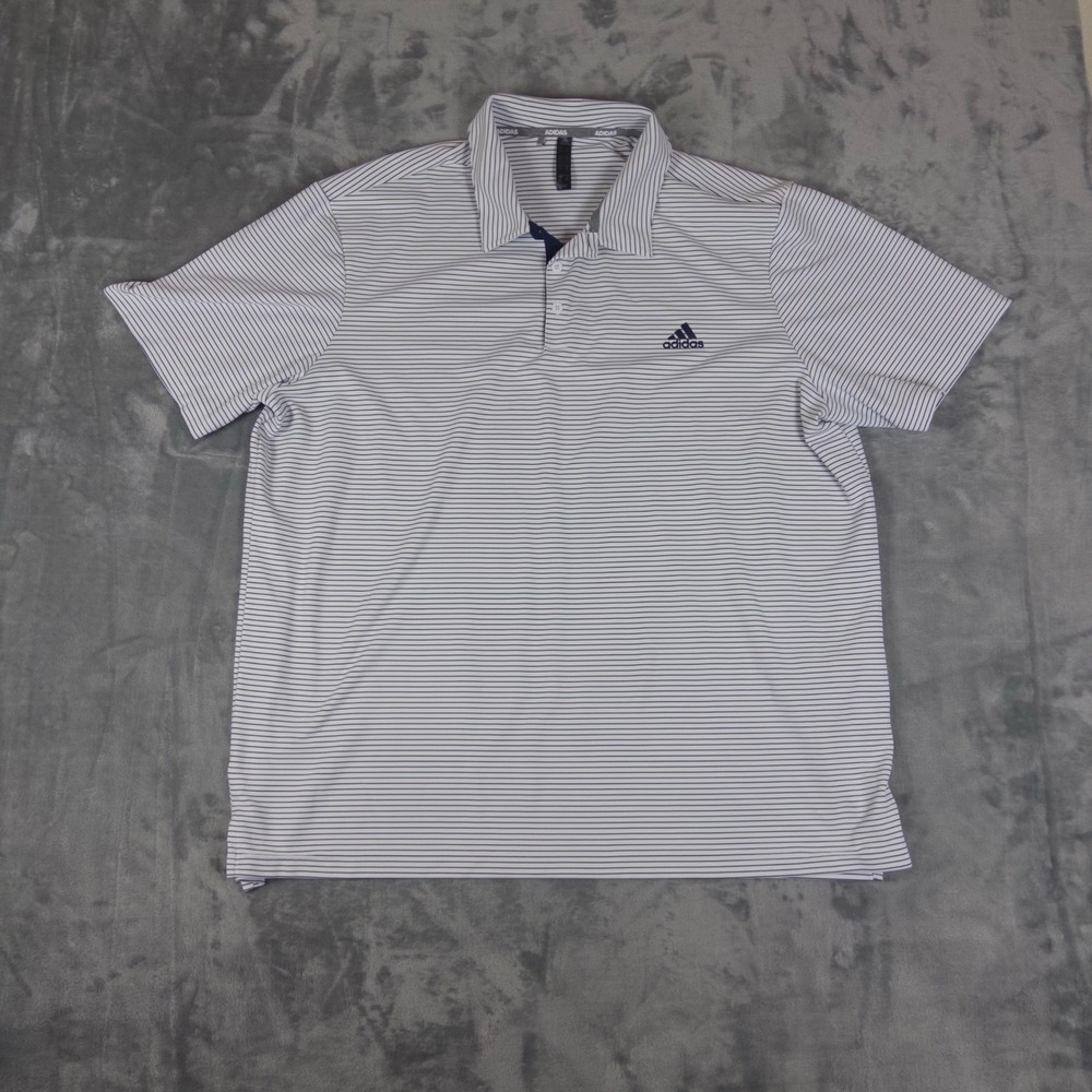 Adidas Polo Shirt Mens 2XL White Black Striped Golf Athletic Short Sleeve